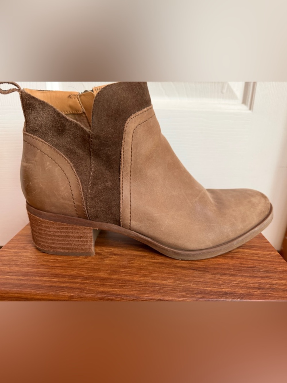 Kork-Ease Two-Tone Taupe and Dark Brown Leather Ankle Booties - Picture 3 of 8